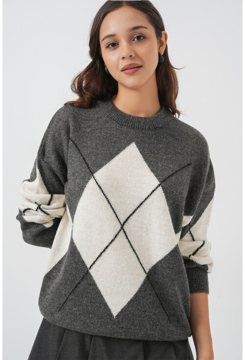 15895 Baklava Desenli Oversize Triko Kazak