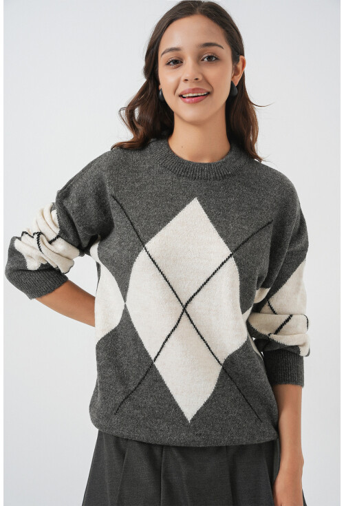 15895 Baklava Desenli Oversize Triko Kazak