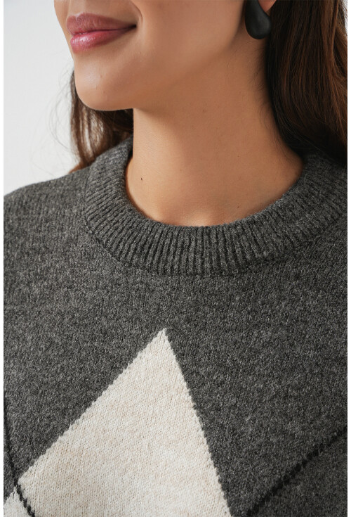 15895 Baklava Desenli Oversize Triko Kazak