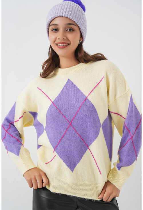 15895 Baklava Desenli Oversize Triko Kazak