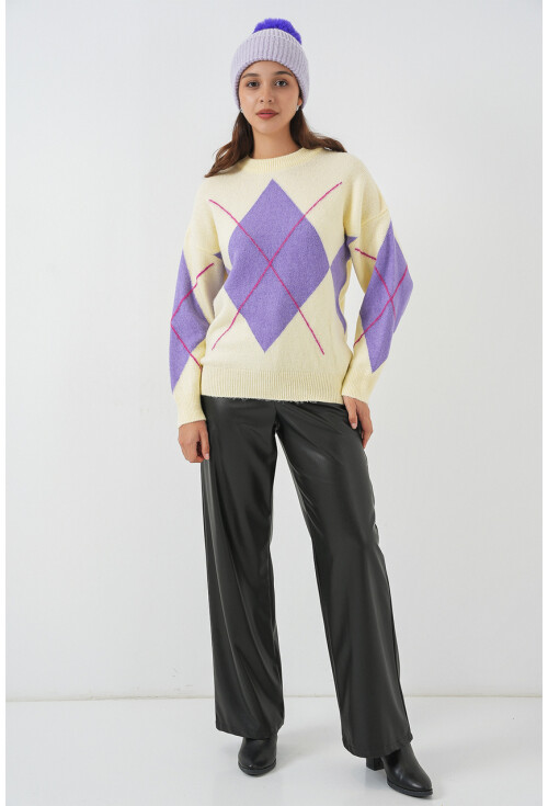 15895 Baklava Desenli Oversize Triko Kazak