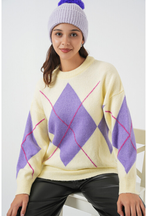 15895 Baklava Desenli Oversize Triko Kazak