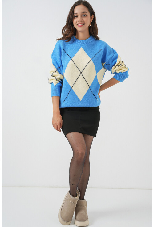 15895 Baklava Desenli Oversize Triko Kazak