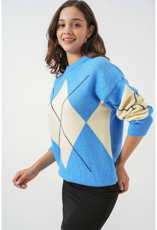 15895 Baklava Desenli Oversize Triko Kazak