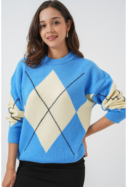 15895 Baklava Desenli Oversize Triko Kazak