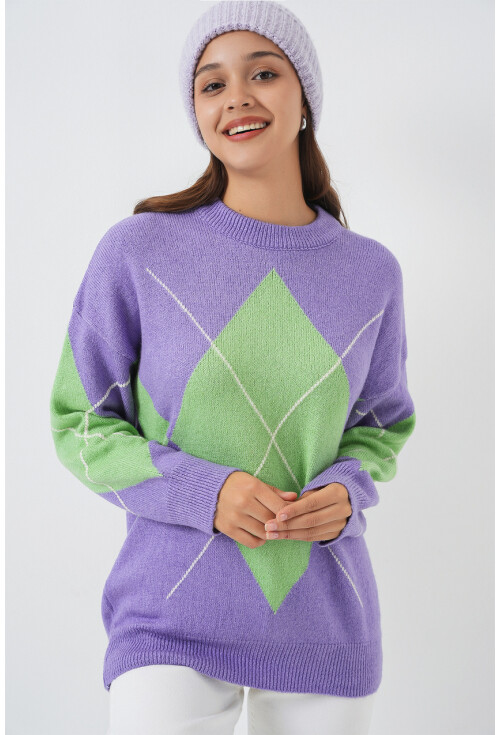 15895 Baklava Desenli Oversize Triko Kazak