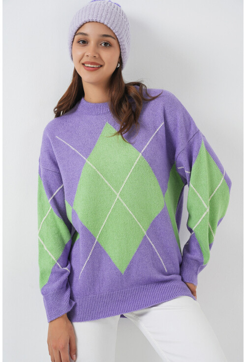 15895 Baklava Desenli Oversize Triko Kazak