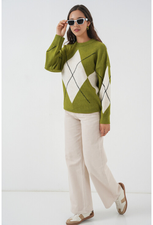 15895 Baklava Desenli Oversize Triko Kazak