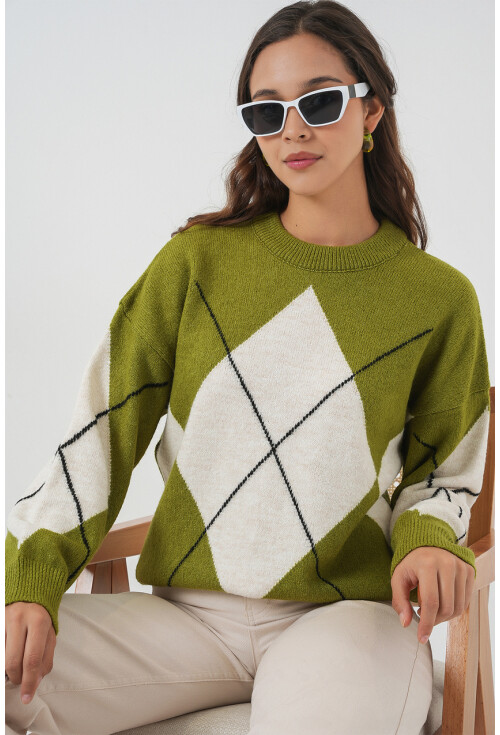 15895 Baklava Desenli Oversize Triko Kazak