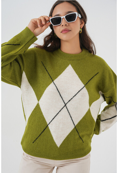 15895 Baklava Desenli Oversize Triko Kazak