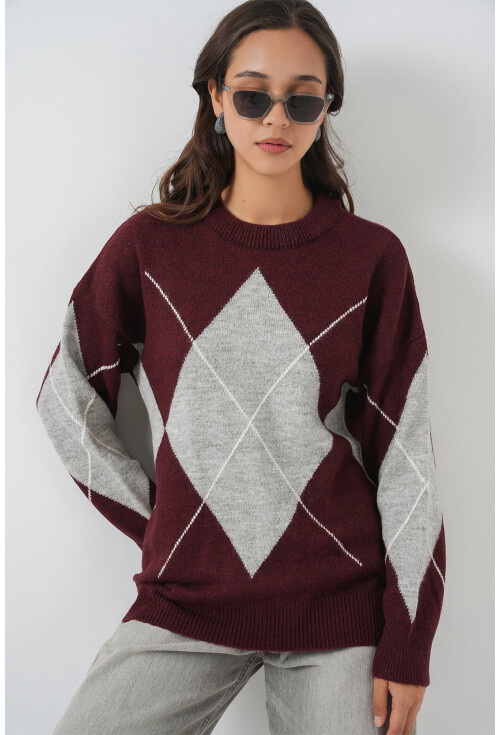 15895 Baklava Desenli Oversize Triko Kazak