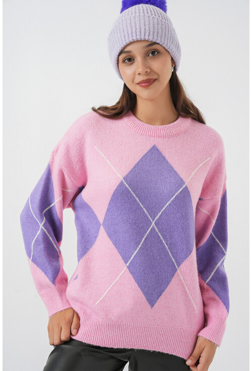 15895 Baklava Desenli Oversize Triko Kazak