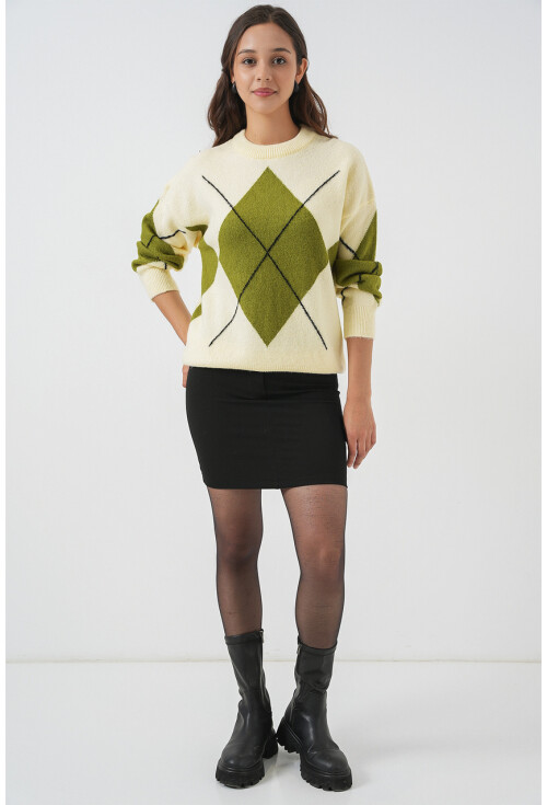 15895 Baklava Desenli Oversize Triko Kazak