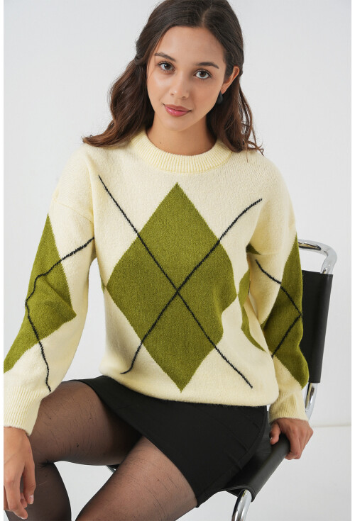 15895 Baklava Desenli Oversize Triko Kazak