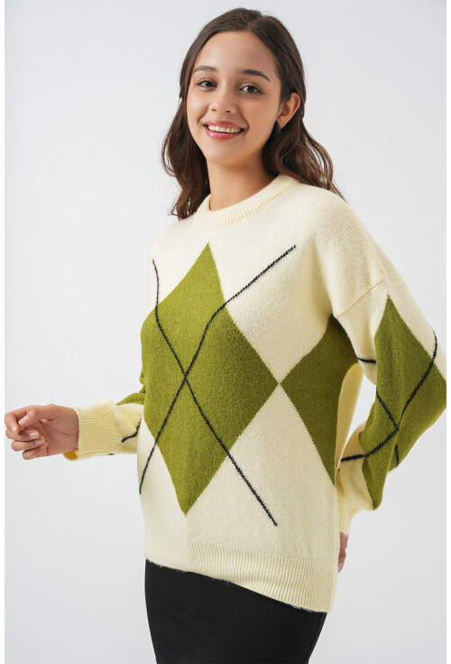15895 Baklava Desenli Oversize Triko Kazak