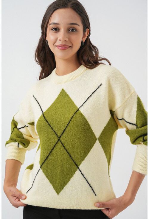 15895 Baklava Desenli Oversize Triko Kazak