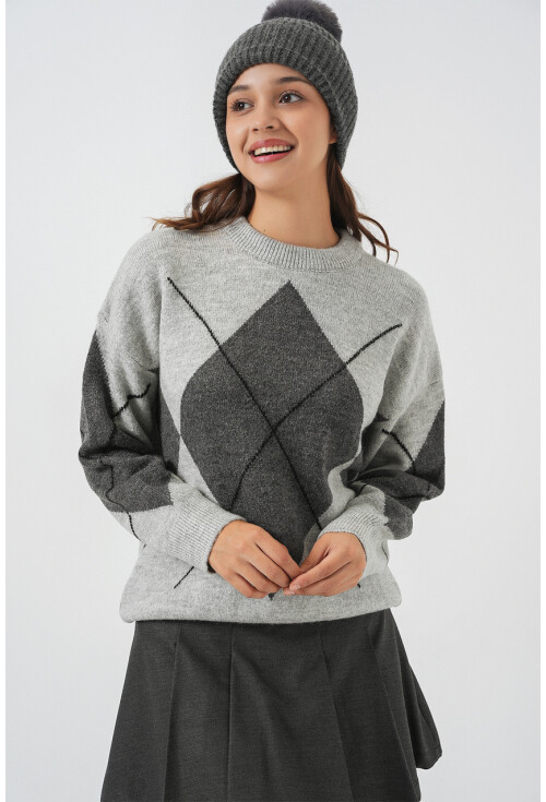 15895 Baklava Desenli Oversize Triko Kazak