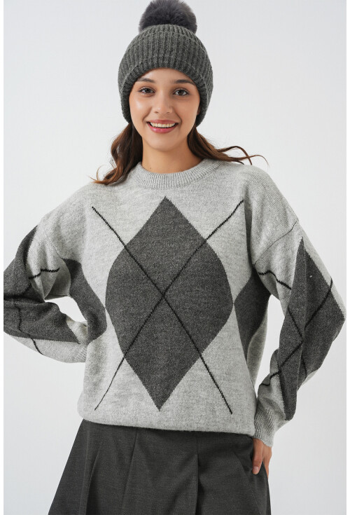 15895 Baklava Desenli Oversize Triko Kazak