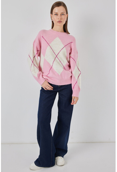 15895 Baklava Desenli Oversize Triko Kazak