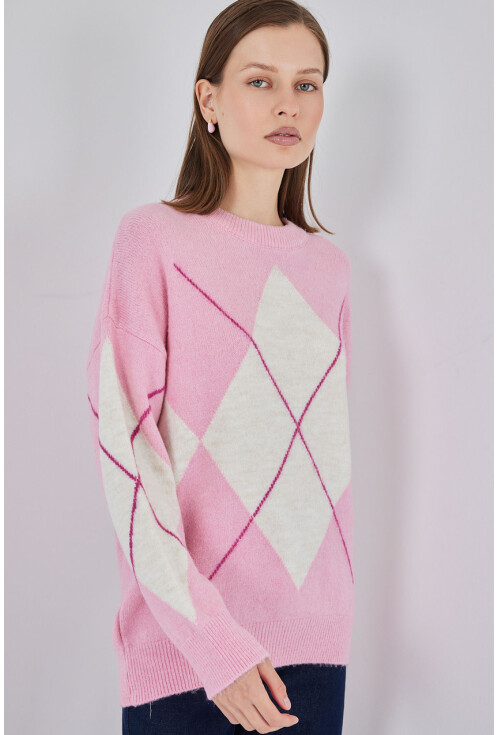 15895 Baklava Desenli Oversize Triko Kazak