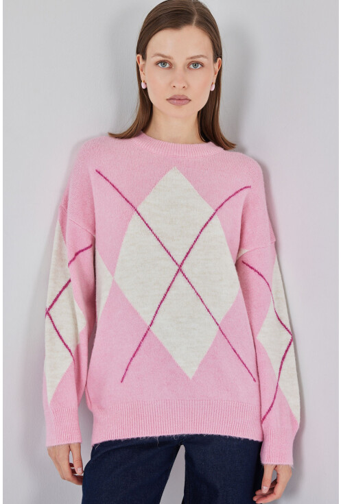 15895 Baklava Desenli Oversize Triko Kazak