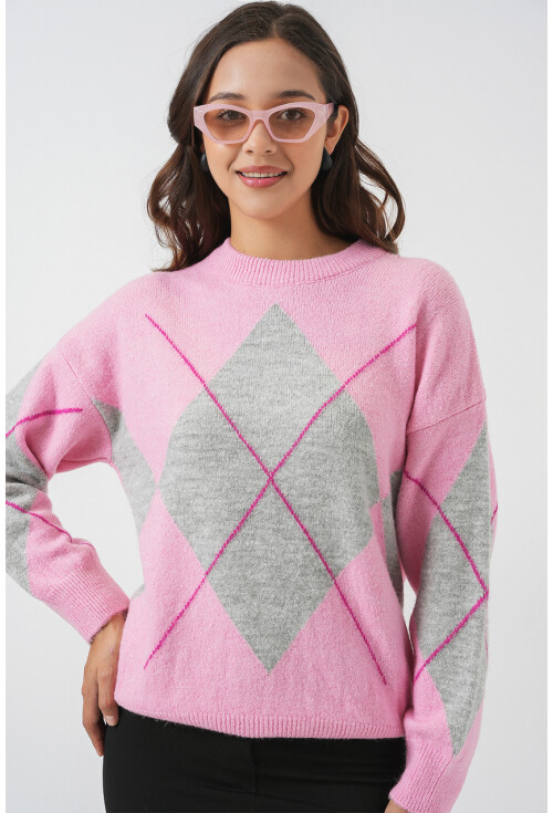 15895 Baklava Desenli Oversize Triko Kazak