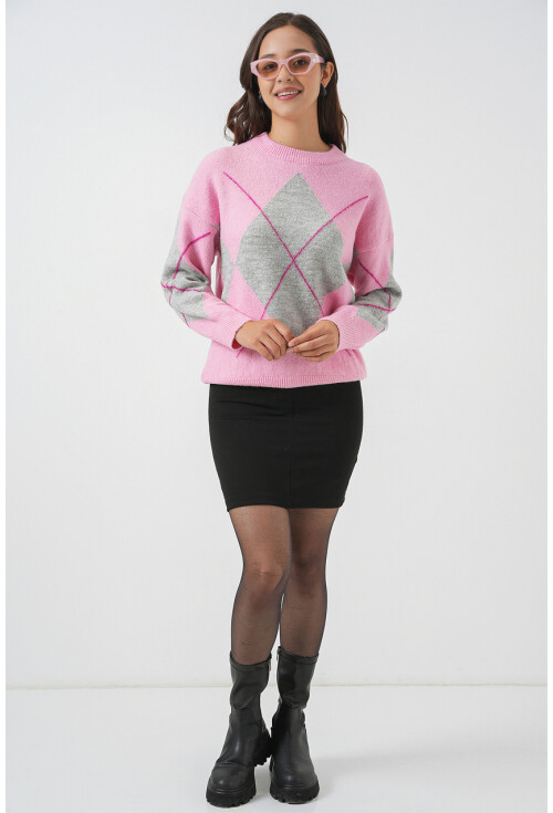 15895 Baklava Desenli Oversize Triko Kazak
