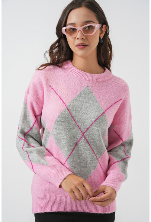 15895 Baklava Desenli Oversize Triko Kazak