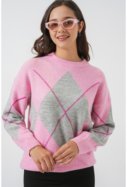 15895 Baklava Desenli Oversize Triko Kazak