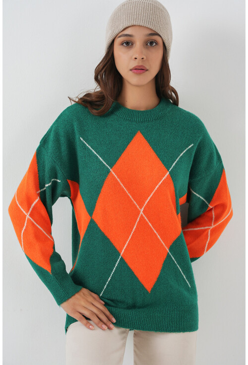 15895 Baklava Desenli Oversize Triko Kazak