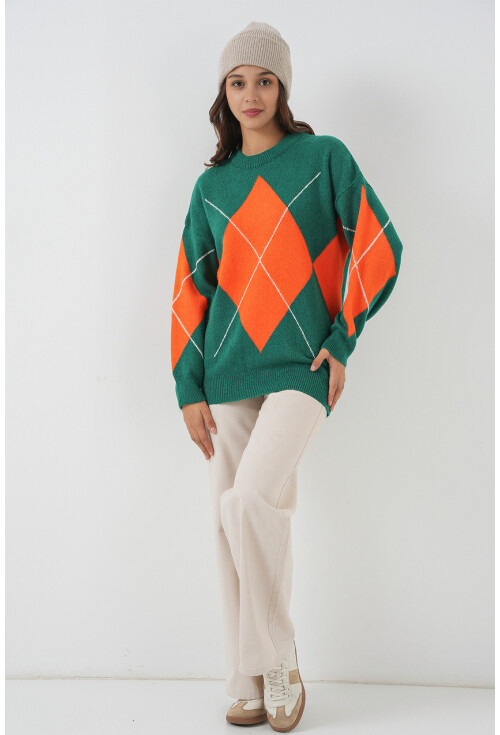 15895 Baklava Desenli Oversize Triko Kazak