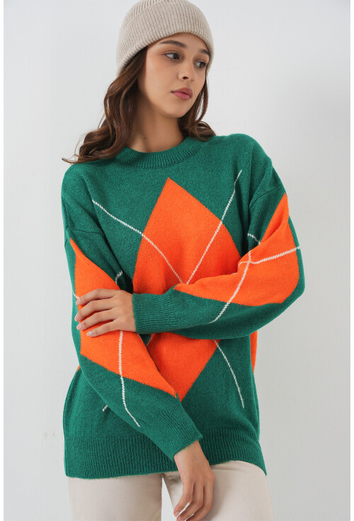 15895 Baklava Desenli Oversize Triko Kazak