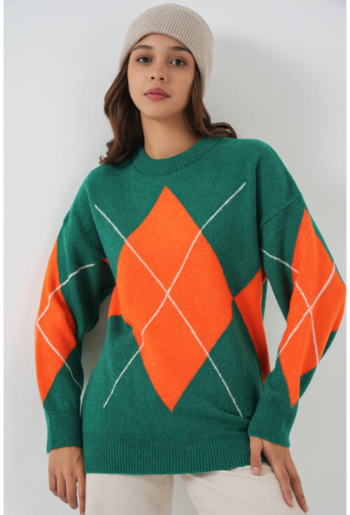 15895 Baklava Desenli Oversize Triko Kazak