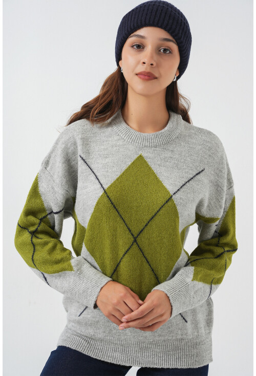 15895 Baklava Desenli Oversize Triko Kazak