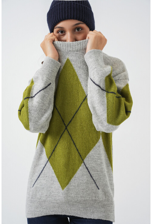 15895 Baklava Desenli Oversize Triko Kazak