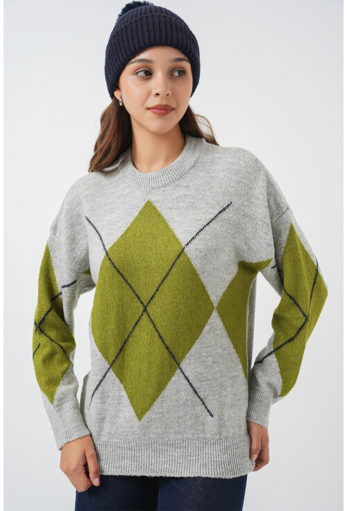 15895 Baklava Desenli Oversize Triko Kazak