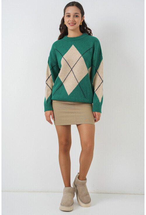 15895 Baklava Desenli Oversize Triko Kazak