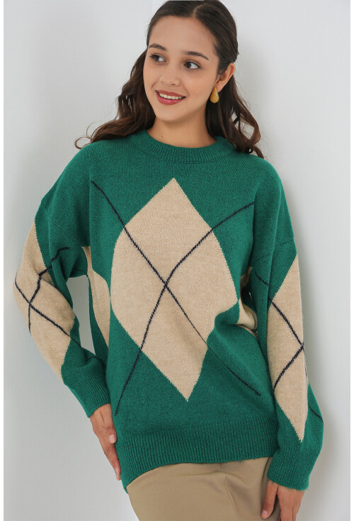 15895 Baklava Desenli Oversize Triko Kazak