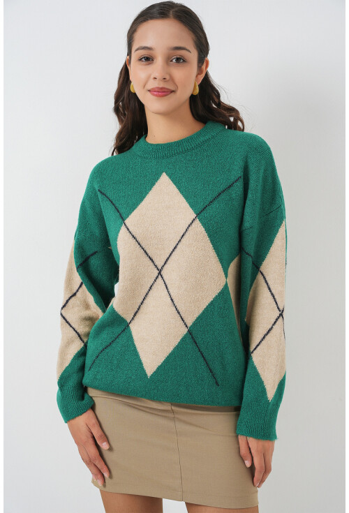 15895 Baklava Desenli Oversize Triko Kazak