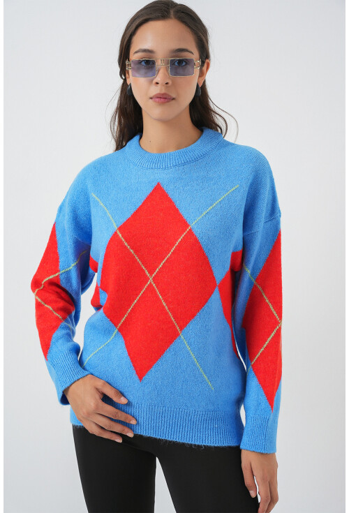 15895 Baklava Desenli Oversize Triko Kazak