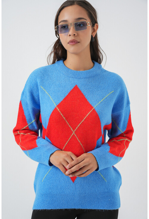 15895 Baklava Desenli Oversize Triko Kazak