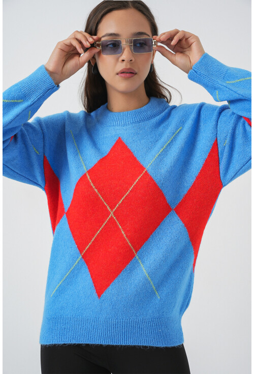 15895 Baklava Desenli Oversize Triko Kazak