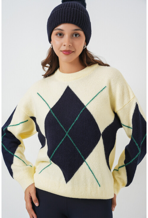 15895 Baklava Desenli Oversize Triko Kazak