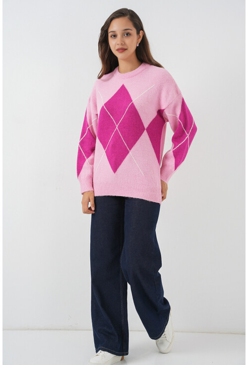 15895 Baklava Desenli Oversize Triko Kazak