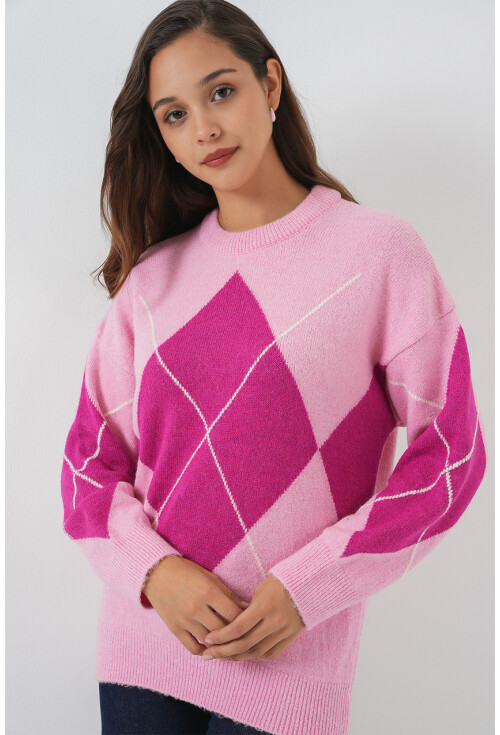 15895 Baklava Desenli Oversize Triko Kazak