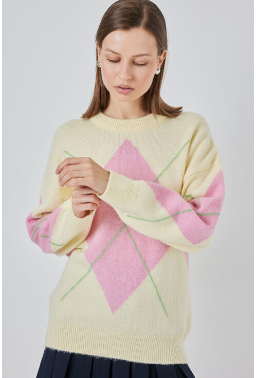 15895 Baklava Desenli Oversize Triko Kazak