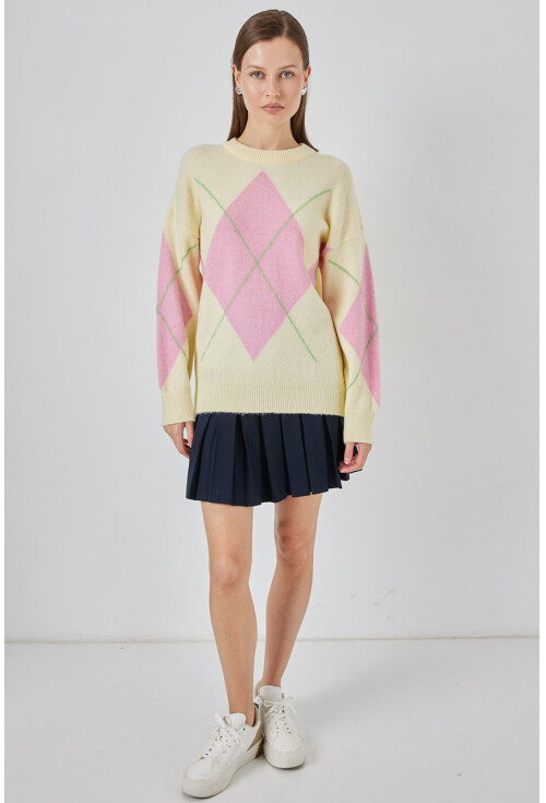 15895 Baklava Desenli Oversize Triko Kazak