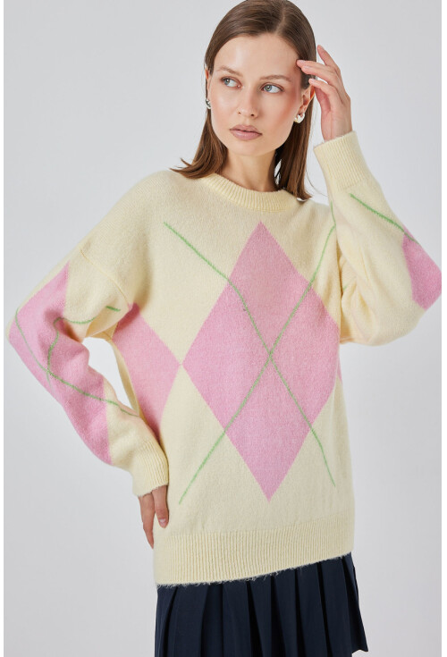 15895 Baklava Desenli Oversize Triko Kazak