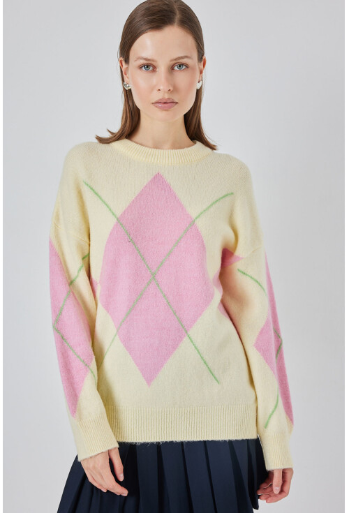 15895 Baklava Desenli Oversize Triko Kazak