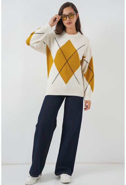 15895 Baklava Desenli Oversize Triko Kazak